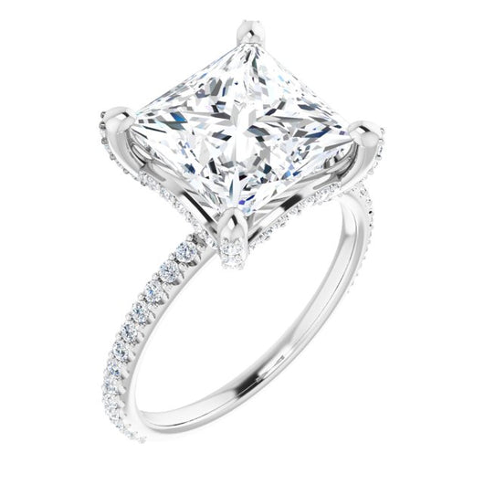 10K White Gold Customizable Princess/Square Cut Design with Round-Accented Band, Micropav? Under-Halo and Decorative Prong Accents)