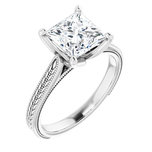 10K White Gold Customizable Princess/Square Cut Solitaire with Wheat-inspired Band 