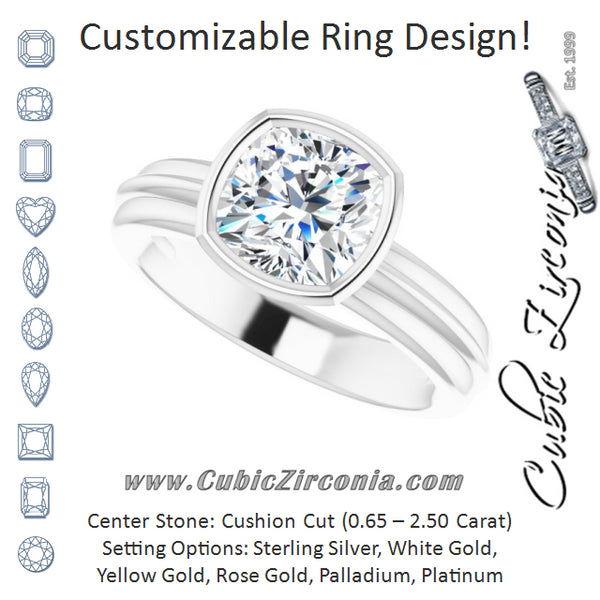 Cubic Zirconia Engagement Ring- The Aretha (Customizable Bezel-set Cushion Cut Solitaire with Grooved Band)