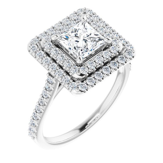 10K White Gold Customizable Double-Halo Princess/Square Cut Design with Accented Split Band