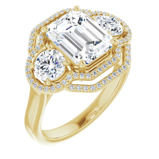 10K Yellow Gold Customizable Cathedral-set Enhanced 3-stone Emerald/Radiant Cut Design with Multidirectional Halo