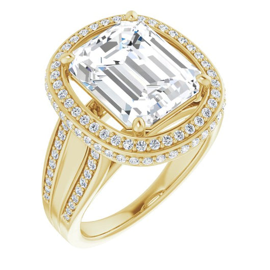 10K Yellow Gold Customizable Halo-style Emerald/Radiant Cut with Under-halo & Ultra-wide Band