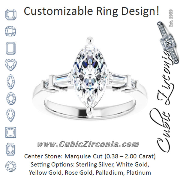 Cubic Zirconia Engagement Ring- The Belem (Customizable 5-stone Baguette+Round-Accented Marquise Cut Design))