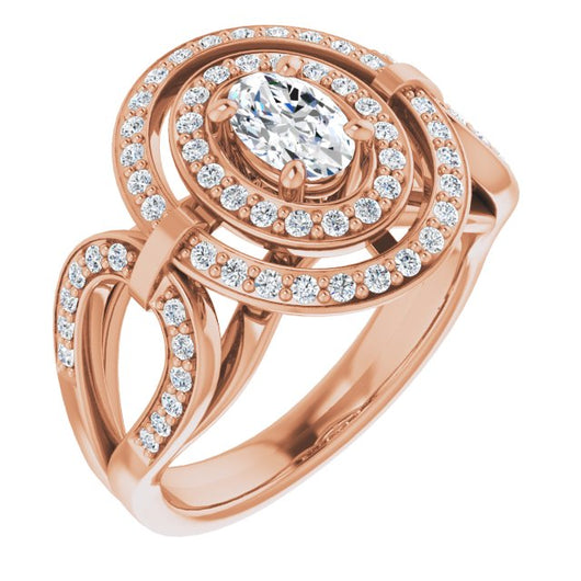 10K Rose Gold Customizable Cathedral-set Oval Cut Design with Double Halo & Accented Ultra-wide Horseshoe-inspired Split Band