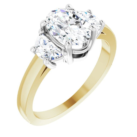 14K Yellow & White Gold Customizable 3-stone Design with Oval Cut Center and Half-moon Side Stones