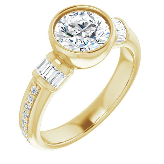 10K Yellow Gold Customizable Cathedral-Bezel Round Cut Style with Horizontal Baguettes & Shared Prong Band