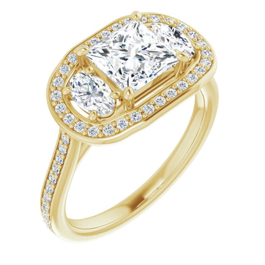 10K Yellow Gold Customizable Princess/Square Cut Style with Oval Cut Accents, 3-stone Halo & Thin Shared Prong Band