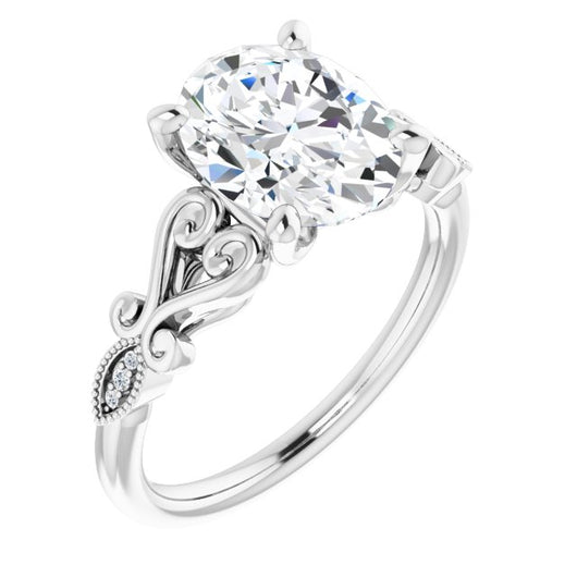 10K White Gold Customizable 7-stone Design with Oval Cut Center Plus Sculptural Band and Filigree