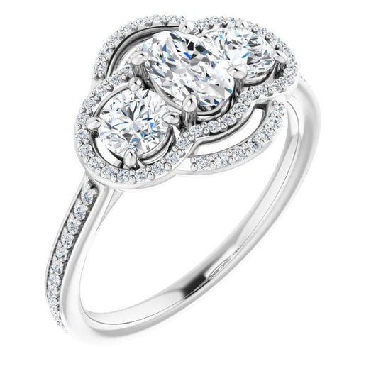 10K White Gold Customizable Enhanced 3-stone Double-Halo Style with Oval Cut Center and Thin Band