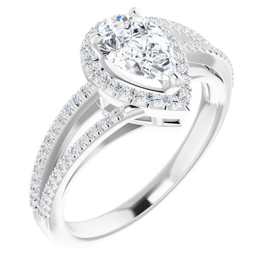 10K White Gold Customizable Pear Cut Vintage Design with Halo Style and Asymmetrical Split-Pavé Band