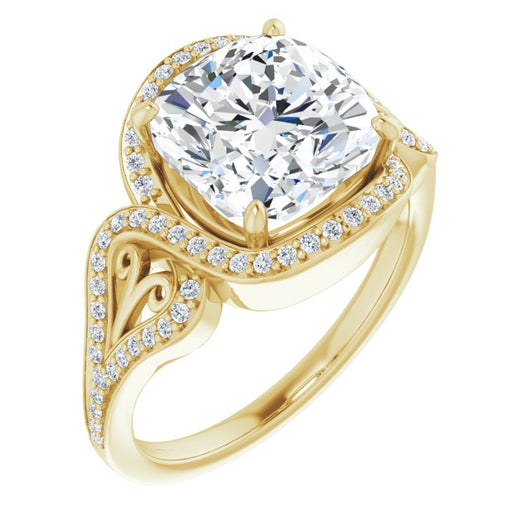 10K Yellow Gold Customizable Cushion Cut Design with Bypass Halo and Split-Shared Prong Band