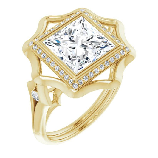 10K Yellow Gold Customizable Bezel-set Princess/Square Cut with Halo & Oversized Floral Design