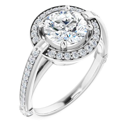 10K White Gold Customizable High-Cathedral Round Cut Design with Halo and Shared Prong Band