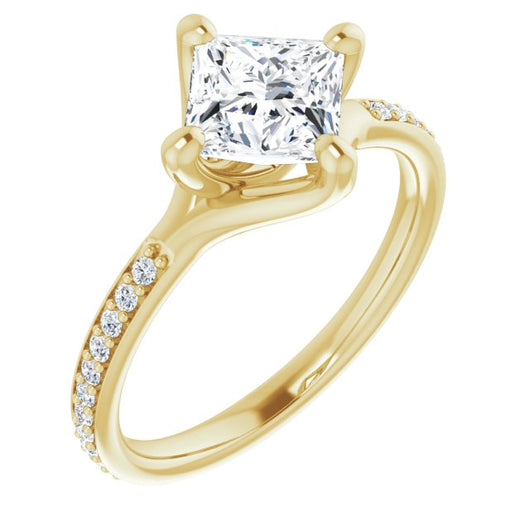 10K Yellow Gold Customizable Princess/Square Cut Design featuring Thin Band and Shared-Prong Round Accents