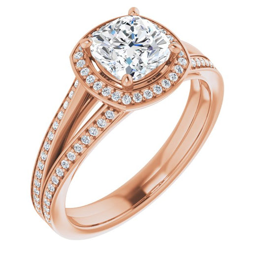 10K Rose Gold Customizable Cushion Cut Design with Split-Band Shared Prong & Halo