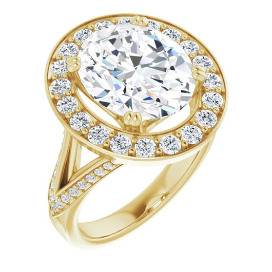 10K Yellow Gold Customizable Oval Cut Center with Large-Accented Halo and Split Shared Prong Band