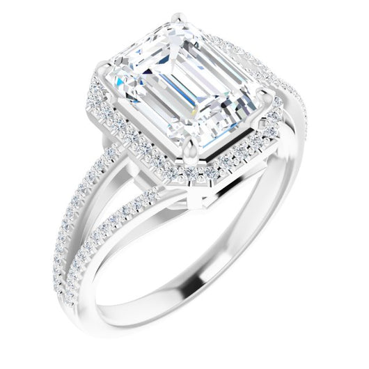 10K White Gold Customizable Emerald/Radiant Cut Vintage Design with Halo Style and Asymmetrical Split-Pavé Band