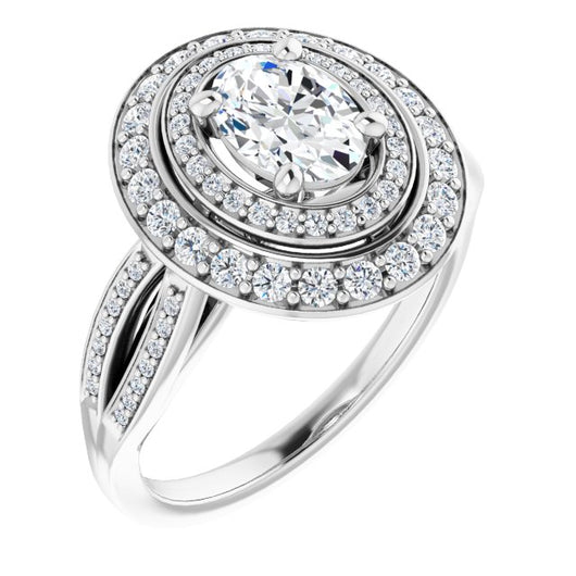 10K White Gold Customizable Cathedral-style Oval Cut Design with Double Halo & Split-Pavé Band