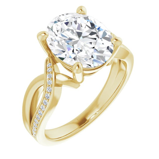 10K Yellow Gold Customizable Oval Cut Center with Curving Split-Band featuring One Shared Prong Leg