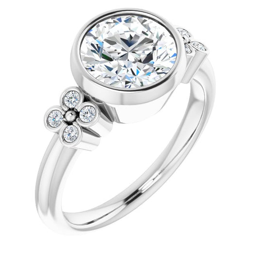 14K White Gold Customizable 9-stone Bezel-set Round Cut Design with Quad Round Bezel Side Stones Each Side