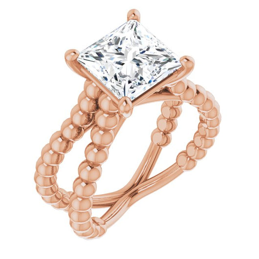 10K Rose Gold Customizable Princess/Square Cut Solitaire with Wide Beaded Split-Band