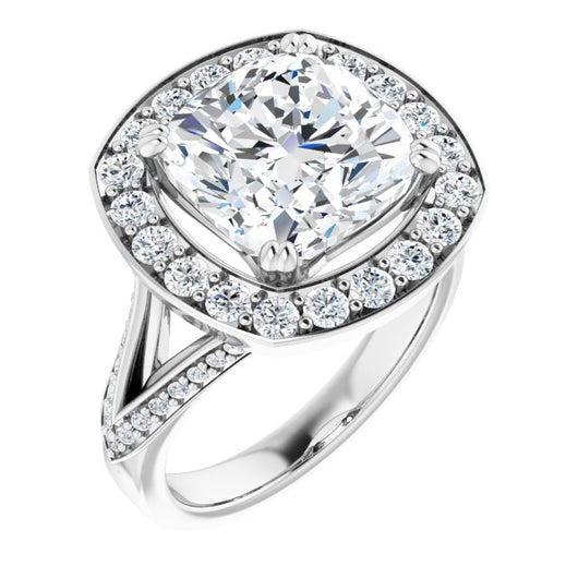 10K White Gold Customizable Cushion Cut Center with Large-Accented Halo and Split Shared Prong Band