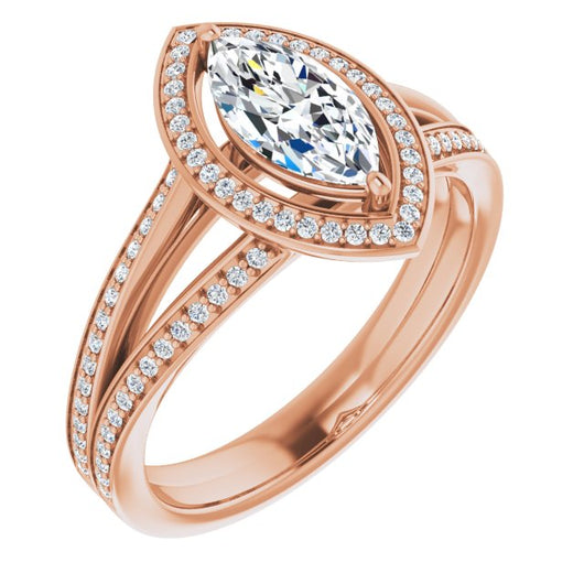 10K Rose Gold Customizable Marquise Cut Design with Split-Band Shared Prong & Halo