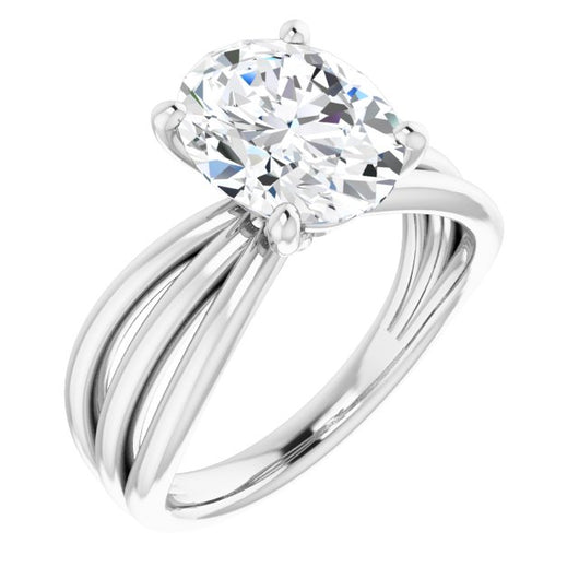 10K White Gold Customizable Oval Cut Solitaire Design with Wide, Ribboned Split-band