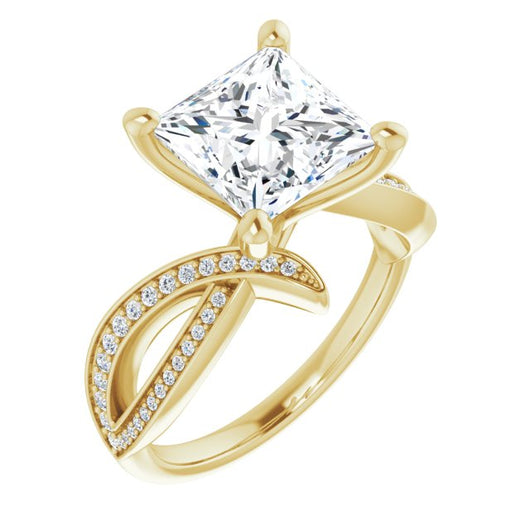 10K Yellow Gold Customizable Princess/Square Cut Design with Swooping Pavé Bypass Band