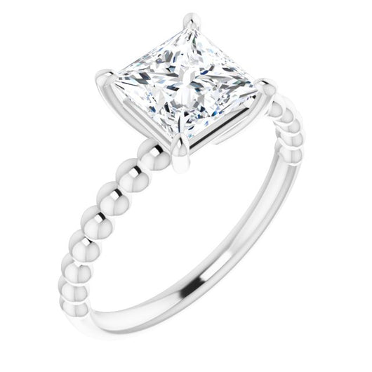 10K White Gold Customizable [[Cut] Cut Solitaire with Thin Beaded-Bubble Band