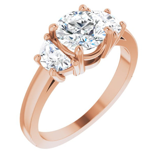 10K Rose Gold Customizable 3-stone Design with Round Cut Center and Half-moon Side Stones