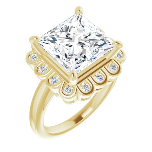 10K Yellow Gold Customizable 9-stone Princess/Square Cut Design with Round Bezel Side Stones