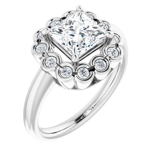 10K White Gold Customizable 13-stone Princess/Square Cut Design with Floral-Halo Round Bezel Accents