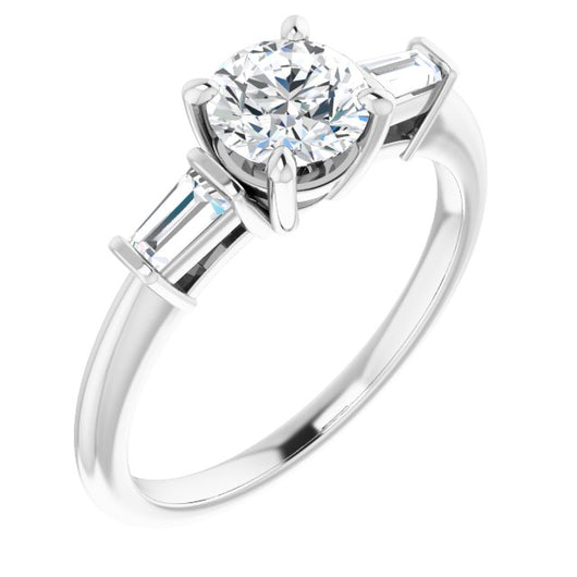 10K White Gold Customizable 3-stone Round Cut Design with Dual Baguette Accents)