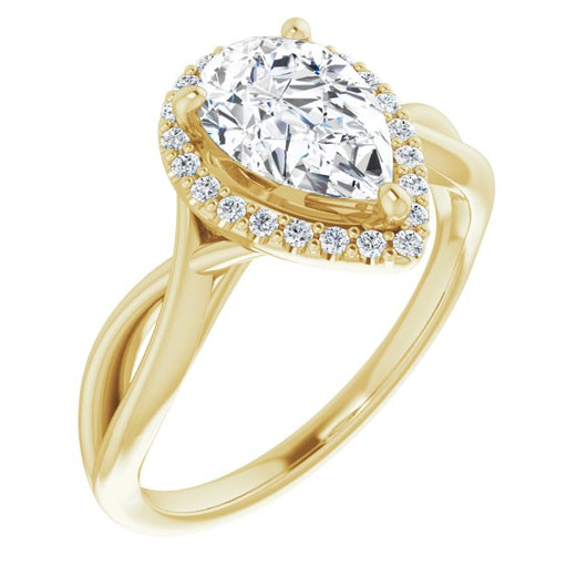 10K Yellow Gold Customizable Cathedral-Halo Pear Cut Design with Twisting Split Band