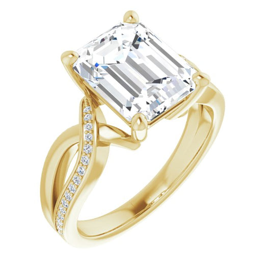 10K Yellow Gold Customizable Emerald/Radiant Cut Center with Curving Split-Band featuring One Shared Prong Leg