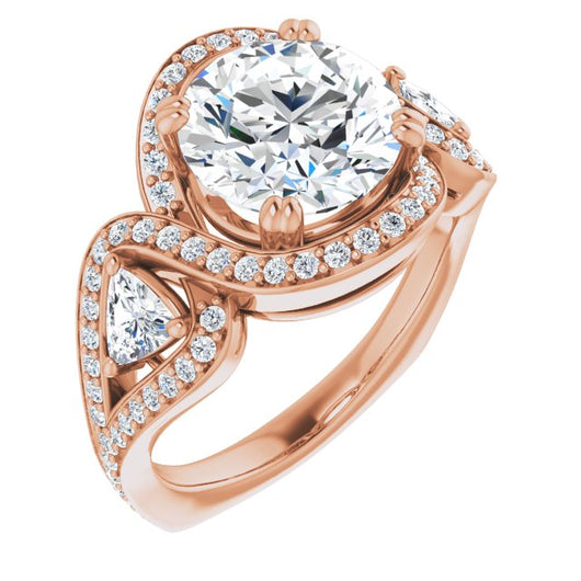 10K Rose Gold Customizable Round Cut Center with Twin Trillion Accents, Twisting Shared Prong Split Band, and Halo