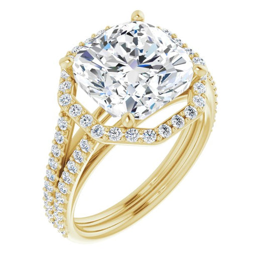 10K Yellow Gold Customizable Cathedral Cushion Cut Design with Geometric Halo & Split Pavé Band