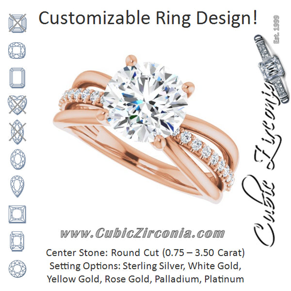 Cubic Zirconia Engagement Ring- The Rissa (Customizable Round Cut Design with Tri-Split Accented Band)