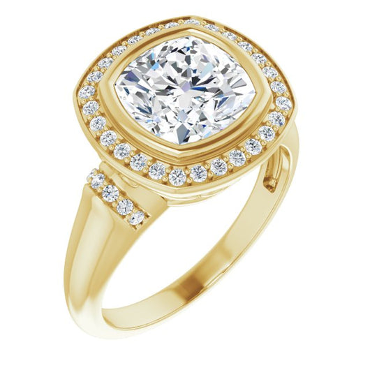 10K Yellow Gold Customizable Bezel-set Cushion Cut Design with Halo and Vertical Round Channel Accents