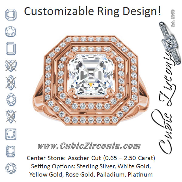 Cubic Zirconia Engagement Ring- The Cheryl (Customizable Cathedral-set Asscher Cut Design with Double Halo, Wide Split Band and Side Knuckle Accents)