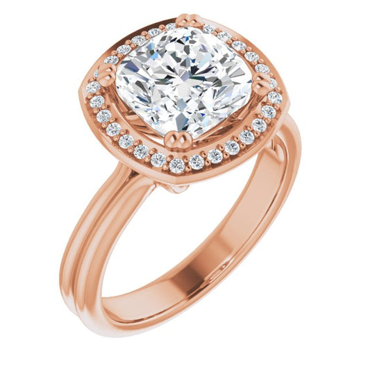 10K Rose Gold Customizable Cushion Cut Style with Scooped Halo and Grooved Band