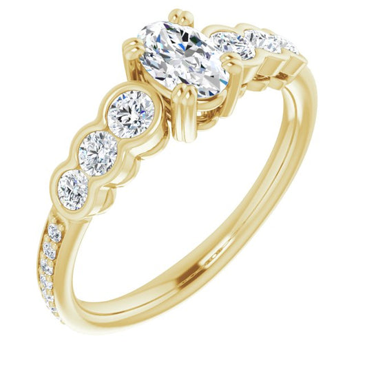 10K Yellow Gold Customizable Oval Cut 7-stone Style Enhanced with Bezel Accents and Shared Prong Band