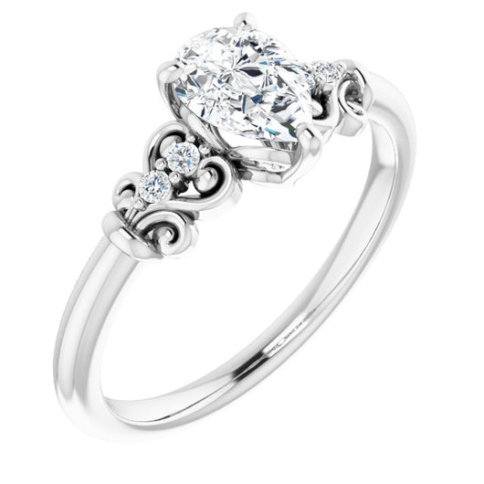 10K White Gold Customizable Vintage 5-stone Design with Pear Cut Center and Artistic Band Décor