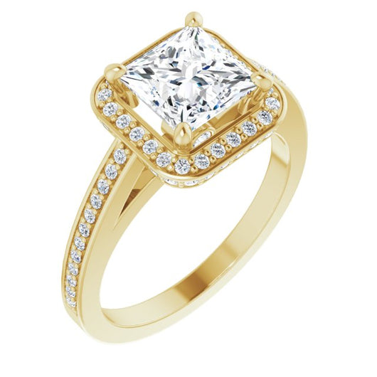 10K Yellow Gold Customizable Cathedral-set Princess/Square Cut Design with Halo, Thin Pavé Band & Round-Bezel Peekaboos