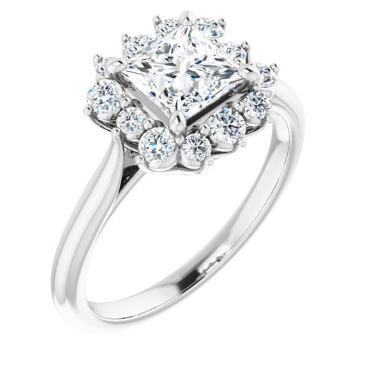 10K White Gold Customizable Crown-Cathedral Princess/Square Cut Design with Clustered Large-Accent Halo & Ultra-thin Band