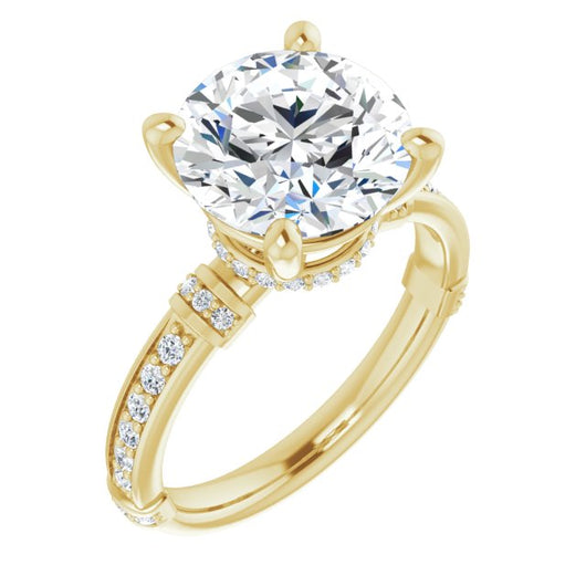 10K Yellow Gold Customizable Round Cut Style featuring Under-Halo, Shared Prong and Quad Horizontal Band Accents