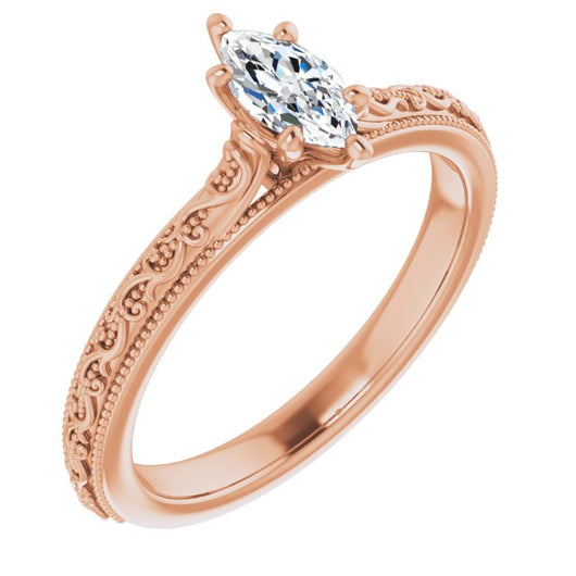 10K Rose Gold Customizable Marquise Cut Solitaire with Delicate Milgrain Filigree Band