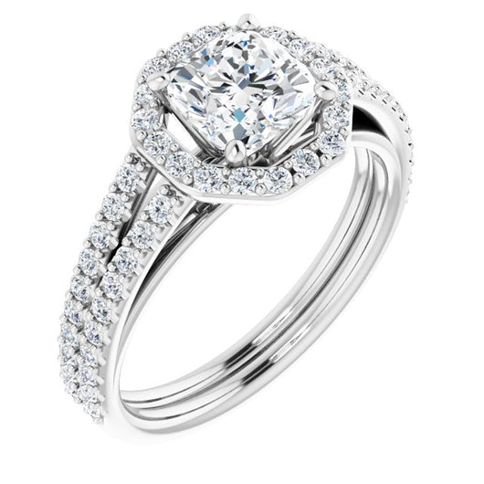 10K White Gold Customizable Cathedral Cushion Cut Design with Geometric Halo & Split Pavé Band