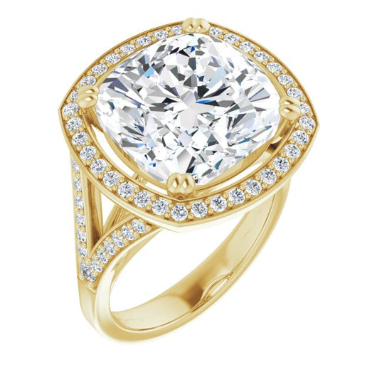 10K Yellow Gold Customizable Cathedral-set Cushion Cut Style with Accented Split Band and Halo